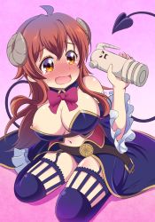 Rule 34 | 1girl, ahoge, areola slip, arm support, bare shoulders, belt, belt buckle, blue cape, blue panties, blue thighhighs, blush, bow, bowtie, breasts, brown belt, brown eyes, brown hair, buckle, cape, cleavage, curled horns, demon girl, demon horns, demon tail, detached collar, detached sleeves, embarrassed, eyelashes, fang, frilled sleeves, frills, garter straps, gradient background, hair between eyes, hand up, highres, holding, horns, laika (pixiv), large breasts, leaning to the side, lilith (machikado mazoku), long hair, long sleeves, looking to the side, machikado mazoku, navel, nose blush, open mouth, panties, pink background, raised eyebrows, revealing clothes, shadow, shiny skin, sidelocks, sitting, skin fang, statue, sweatdrop, tail, tearing up, thighhighs, thighs, tongue, underwear, waist cape, wariza, wide sleeves, yoshida yuuko (machikado mazoku)