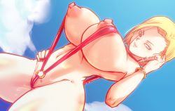 Rule 34 | 1girl, adjusting hair, alternate breast size, android 18, bangle, blonde hair, blue eyes, bracelet, breasts, cloud, cowboy shot, curvy, dragon ball, dragonball z, dutch angle, from below, hand on own hip, highres, huge breasts, jewelry, large breasts, light smile, looking at viewer, navel, nipple slip, nipples, o-ring, o-ring swimsuit, one-piece swimsuit, outdoors, partially visible vulva, puffy areolae, red one-piece swimsuit, revealing clothes, rickert kai, seductive smile, short hair, sky, slingshot swimsuit, smile, solo, sparkle, standing, strap gap, sweat, swimsuit, thick thighs, thighs