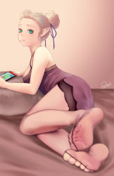 Rule 34 | 1girl, absurdres, alternate hairstyle, ass, bare shoulders, blonde hair, breasts, candy, collarbone, commentary request, controller, feet, food, foot focus, forehead, foreshortening, from behind, game console, green eyes, hair bun, hair ribbon, hairband, handheld game console, highres, holding, holding handheld game console, joy-con, legs, lingerie, lollipop, looking at viewer, looking back, medium breasts, mizuhashi parsee, mouth hold, nail polish, negligee, nintendo switch, no shoes, on bed, pantyhose, playing games, pointy ears, purple nails, purple ribbon, ribbon, sakai-saka, see-through, see-through legwear, single hair bun, soles, solo, spaghetti strap, toe scrunch, toenail polish, toenails, toes, touhou, underwear