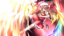 Rule 34 | 1girl, :p, ascot, blonde hair, bow, braid, flandre scarlet, hat, hat bow, highres, kimagure ringo, laevatein, long hair, red eyes, sash, side braid, solo, tongue, tongue out, touhou, wings