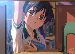 Rule 34 | 1girl, :o, arm up, blurry, book, bookend, bookshelf, braid, brown eyes, collarbone, collared shirt, day, depth of field, eyebrows, hair tie, head tilt, holding, holding book, indoors, kimidori midori, library, long hair, looking up, open mouth, original, pairan, revision, shirt, short sleeves, solo, sunlight, twin braids, twintails, upper body, white shirt, wing collar