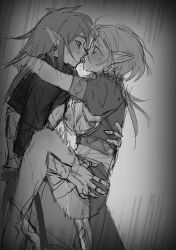 Rule 34 | 1boy, 1girl, arm around back, arms around neck, blush, braid, breasts, breasts out, clothed sex, couple, ear blush, earrings, eye contact, french braid, from side, greyscale, half-closed eyes, hand on another&#039;s back, hetero, highres, jewelry, lifting person, link, long hair, long sleeves, looking at another, medium breasts, messy hair, monochrome, nintendo, nipples, pants, pointy ears, princess zelda, puffy sleeves, saliva, saliva trail, scar, scar on arm, sex, shirt, shuo yue, sketch, suspended congress, sweat, the legend of zelda, the legend of zelda: tears of the kingdom, thighhighs, vaginal