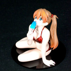 Rule 34 | 1girl, alternate hairstyle, arm support, barefoot, bikini, blue eyes, brown hair, figure, food, hair bobbles, hair ornament, holding, holding food, ice cream, licking, long hair, looking up, neon genesis evangelion, photo (medium), red bikini, simple background, sitting, solo, souryuu asuka langley, swimsuit, tongue, tongue out, twintails, wide hips