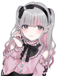 Rule 34 | 1girl, :t, bad id, bad pixiv id, bare shoulders, black bow, black nails, black skirt, bow, closed mouth, clothing cutout, commentary, ear piercing, grey eyes, grey hair, hair bow, hand up, highres, kayanogura, long hair, long sleeves, looking at viewer, multicolored hair, nail polish, original, piercing, pink hair, pink shirt, pout, puffy long sleeves, puffy sleeves, revision, shirt, shoulder cutout, simple background, skirt, sleeves past wrists, solo, symbol-only commentary, two-tone hair, two side up, white background