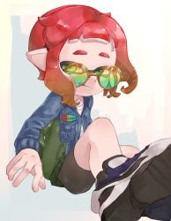 Rule 34 | 1girl, aqua eyes, bike shorts, blue jacket, breast pocket, closed mouth, gradient hair, green jacket, highres, inkling, inkling girl, inkling player character, jacket, light brown hair, long sleeves, maze (mazel mns), multicolored clothes, multicolored hair, multicolored jacket, nintendo, open clothes, open jacket, pocket, pointy ears, red hair, round eyewear, shirt, shoes, short hair, shorts, sitting, solo, splatoon (series), splatoon 3, tentacle hair, tinted eyewear, tongue, tongue out, tortoiseshell-framed eyewear, two-tone hair, two-tone jacket, white shirt