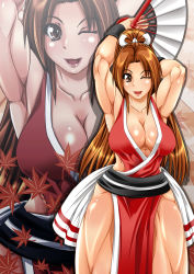 Rule 34 | alop-net, arms behind head, bracer, brown eyes, brown hair, hand fan, fatal fury, highres, japanese clothes, leaf, lipstick, long hair, looking at viewer, macto, makeup, muscular, open mouth, ponytail, shiranui mai, smile, snk, the king of fighters, thighs, wink, zoom layer