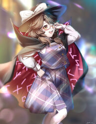 Rule 34 | 1girl, absurdres, adjusting eyewear, black cape, black headwear, bow, brown hair, cape, clothes writing, feet out of frame, glasses, hand on eyewear, hat, hat bow, high collar, highres, open mouth, plaid, plaid skirt, plaid vest, runes, shirt, skirt, skirt set, smile, standing, touhou, twintails, usami sumireko, vest, white bow, white shirt, yellow eyes, yujin (kanouyuuto-0423)