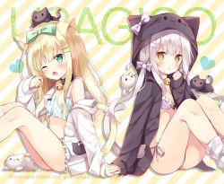 Rule 34 | 2girls, :3, ;o, animal, animal ears, animal hood, animal on head, bell, black cat, black hoodie, black neckwear, blonde hair, blue bra, blue panties, blush, bow, bra, cat, cat ears, cat girl, cat hood, cat on head, cat tail, choker, cinderella bust, commentary request, diagonal stripes, fang, frilled bra, frilled panties, frills, green bow, green eyes, grey bow, hair bow, hair ornament, hairclip, halterneck, hand to own mouth, head tilt, heart, highres, hood, hoodie, hoshi (snacherubi), interlocked fingers, intertwined tails, jingle bell, long sleeves, loose socks, low twintails, multiple girls, neck bell, no pants, off shoulder, on head, one eye closed, open clothes, open hoodie, open mouth, original, panties, parted lips, purple bow, purple bra, purple panties, side-tie panties, sidelocks, silver hair, sitting, sleeves past wrists, socks, striped background, striped clothes, striped legwear, striped socks, tail, tsurime, twintails, underwear, white bow, white cat, white choker, white hoodie, yellow eyes