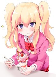 Rule 34 | &gt;:&lt;, 10s, 1girl, :&lt;, aeoso, alternate hairstyle, blonde hair, blouse, blush, bow, bowtie, closed mouth, collared shirt, dress shirt, food, fruit, gabriel dropout, gabriel tenma white, glass, hair between eyes, hair ornament, head tilt, holding, holding spoon, hood, hoodie, ice cream, long hair, long sleeves, looking at viewer, parfait, plaid, plaid skirt, purple eyes, red bow, red bowtie, red skirt, school uniform, shirt, sidelocks, simple background, skirt, solo, sparkle, spoon, strawberry, twintails, v-shaped eyebrows, wafer stick, whipped cream, white background, white shirt, wing collar