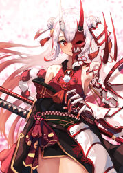 Rule 34 | 1girl, absurdres, armor, armpits, bell, black kimono, bow, double bun, fang, floral print, flower, frilled sleeves, frills, gold trim, gradient hair, hair bell, hair bun, hair ornament, highres, hololive, horns, huge filesize, inre kemomimi, japanese clothes, jingle bell, katana, kimono, kouhaku nawa, long hair, long sleeves, looking at viewer, mask, mask on head, multicolored hair, nakiri ayame, nakiri ayame (1st costume), obi, off shoulder, oni, oni mask, open mouth, red eyes, red hair, rope, sash, sheath, sheathed, shimenawa, short kimono, sidelocks, skin-covered horns, smile, solo, spider lily, streaked hair, sword, tassel, two side up, virtual youtuber, weapon, white hair, wide sleeves