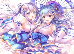 Rule 34 | 2girls, :d, alternate color, aoba chise, aoba project, aoba rena, armpits, bare shoulders, blue hair, bow, breasts, cowboy shot, detached sleeves, dress, floating hair, flower, hair bow, hair ornament, hair ribbon, highres, holding, holding umbrella, large breasts, layered dress, long hair, long sleeves, looking at viewer, multiple girls, nontraditional miko, obi, oil-paper umbrella, open mouth, purple eyes, red eyes, ribbon, sakura moyon, sash, silver hair, smile, tassel, twintails, umbrella, white flower, wide sleeves