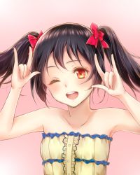Rule 34 | 10s, 1girl, ;d, \m/, bare shoulders, black hair, blush, bow, center frills, collarbone, double \m/, frills, hair bow, hands up, highres, looking at viewer, love live!, love live! school idol project, moai715, nico nico nii, one eye closed, open mouth, pink background, red eyes, revision, round teeth, short hair, smile, solo, strapless, teeth, twintails, upper body, yazawa nico