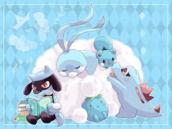 Rule 34 | :o, altaria, animal focus, azurill, bird, blue background, blue skin, book, book stack, border, cloud, colored skin, commentary request, creatures (company), crocodilian, crown, game freak, gen 1 pokemon, gen 2 pokemon, gen 3 pokemon, gen 4 pokemon, hanabusaoekaki, holding, holding book, nintendo, no humans, oddish, open book, patterned background, pokemon, pokemon (creature), reading, red eyes, riolu, sharp teeth, solid oval eyes, teeth, totodile, white border