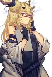 Rule 34 | 1girl, :3, ammunition belt, arknights, armband, bandolier, bespectacled, black dress, black gloves, blonde hair, breasts, closed mouth, coat, commentary, cowboy shot, dragon horns, dress, electricity, eyelashes, fingerless gloves, fixro2n, glasses, gloves, hair between eyes, half-closed eyes, highres, holding, holding paper, horns, leizi (arknights), long hair, looking at viewer, medium breasts, off shoulder, paper, pointy ears, purple eyes, red-framed eyewear, simple background, smile, smirk, solo, turtleneck, turtleneck dress, white background, white coat