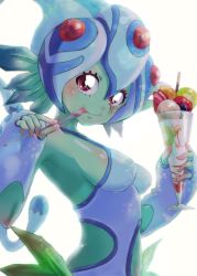 Rule 34 | 1girl, artist request, bandai, bare shoulders, breasts, colored skin, curvy, digimon, digimon (creature), facial mark, female focus, fish girl, food, gauntlets, green skin, happy, helmet, highres, ice cream, looking at viewer, monster girl, nipples, one-piece swimsuit, ranamon, red eyes, shiny skin, simple background, smile, swimsuit, tongue, tongue out