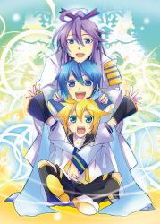 3boys blonde_hair blue_hair haru_aki kagamine_len kaito_(vocaloid) kamui_gakupo male_focus multiple_boys purple_hair vocaloid