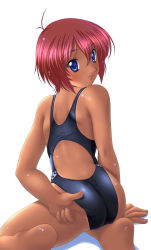 Rule 34 | 1girl, adjusting clothes, adjusting swimsuit, ass, back, blue eyes, blush, competition swimsuit, from behind, highres, ishii akira, kneeling, looking back, one-piece swimsuit, one-piece tan, red hair, short hair, solo, swimsuit, tan, tanline, wedgie