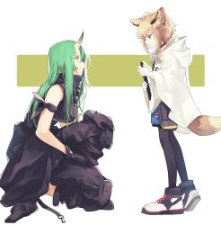 Rule 34 | 2girls, animal ears, arknights, arm ribbon, bare arms, bare shoulders, black choker, black gloves, black jacket, black legwear, black pants, black ribbon, black shirt, blue eyes, breasts, choker, clothes around waist, commentary request, facial scar, fox ears, from side, full body, geta (epicure no12), gloves, green hair, highres, holding, horns, hoshiguma (arknights), jacket, jacket around waist, knee pads, large breasts, long hair, long sleeves, looking at another, multiple girls, on one knee, pants, pantyhose, profile, ribbon, scar, scar on cheek, scar on face, shirt, shoes, short hair, silver hair, simple background, single horn, sleeveless, sleeveless shirt, smile, sneakers, standing, sussurro (arknights), white background, white gloves, white jacket, yellow eyes