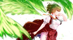 Rule 34 | 1girl, ascot, covered mouth, cowboy shot, detached wings, energy wings, green hair, green wings, hand on own face, highres, itocoh, kazami yuuka, medium hair, orange ascot, plaid, plaid skirt, plaid vest, red eyes, shirt, short sleeves, simple background, skirt, solo, touhou, vest, wavy hair, white background, white shirt, wings