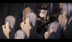 Rule 34 | 1girl, assault rifle, beret, black hat, blunt bangs, closed mouth, commentary request, facial mark, girls&#039; frontline, gloves, green eyes, gun, h&amp;k hk416, hair ornament, hat, heckler &amp; koch, highres, hk416 (girls&#039; frontline), holding, holding gun, holding weapon, letterboxed, light purple hair, long sleeves, mannequin, name connection, rifle, solo, standing, subdermal port, waterkuma, weapon