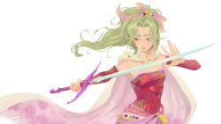 Rule 34 | 1girl, absurdres, cape, chillustrates, closed mouth, commentary, curtained hair, detached sleeves, dress, english commentary, final fantasy, final fantasy vi, floral print, green hair, high ponytail, highres, holding, holding sword, holding weapon, long hair, pink cape, red dress, red sleeves, simple background, solo, standing, strapless, strapless dress, sword, tina branford, two-sided cape, two-sided fabric, two-tone cape, weapon, white background, white cape