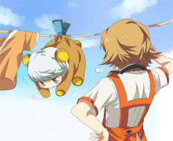 Rule 34 | 2boys, apron, blush, brown hair, character doll, chibi, chirukome, clothesline, from behind, grey eyes, grey hair, hanamura yousuke, hand on own hip, hand on own face, headphones, headphones around neck, lowres, male focus, multiple boys, narukami yuu, parucon, persona, persona 4