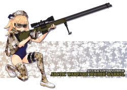 Rule 34 | ai arctic warfare, blonde hair, bolt action, brown eyes, buckle, fingerless gloves, gloves, goggles, gun, legs, lips, military operator, natsuhara, original, rifle, snap-fit buckle, sniper rifle, solo, thighhighs, trigger discipline, weapon