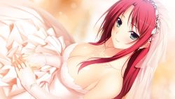Rule 34 | 1girl, bare shoulders, blush, breasts, bridal veil, cleavage, collarbone, dress, earrings, elbow gloves, fingernails, game cg, gloves, green eyes, hoshi ori yume mirai, iizuki tasuku, jewelry, large breasts, long hair, looking at viewer, necklace, parted bangs, red hair, ring, smile, solo, veil, wedding band, wedding dress, wedding ring, yukimura touko