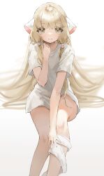 Rule 34 | 1girl, blonde hair, chii, chobits, closed mouth, feet out of frame, hair tubes, highres, invisible chair, long hair, looking at viewer, nakony, robot ears, shirt, simple background, sitting, solo, very long hair, white background, white shirt, yellow eyes