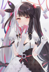 Rule 34 | 1girl, ahoge, black bow, black dress, black hair, black ribbon, blush, bow, breasts, card, closed mouth, club (shape), commentary request, dress, eyeliner, floating card, gloves, grey hair, hair bobbles, hair bow, hair ornament, hair ribbon, hand up, highres, holding, holding card, long hair, looking at viewer, makeup, medium breasts, multicolored hair, nijisanji, orange eyes, playing card, puffy short sleeves, puffy sleeves, red hair, ribbon, short sleeves, sisoha, smile, solo, split-color hair, streaked hair, striped bow, striped clothes, striped dress, twintails, two-tone dress, two-tone hair, vertical-striped clothes, vertical-striped dress, very long hair, virtual youtuber, white background, white dress, white gloves, yorumi rena, yorumi rena (1st costume)