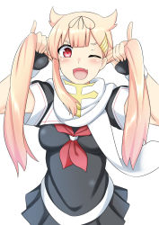 Rule 34 | 1girl, alternate hairstyle, black ribbon, black serafuku, black skirt, blonde hair, commentary request, hair flaps, hair ornament, hair ribbon, hairclip, highres, holding, holding own hair, kantai collection, long hair, looking at viewer, neckerchief, pleated skirt, red eyes, red neckerchief, ribbon, rikkii (likito yuzu is), scarf, school uniform, serafuku, simple background, skirt, smile, solo, twintails, white background, white scarf, yuudachi (kancolle), yuudachi kai ni (kancolle)