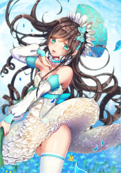 Rule 34 | 1girl, aqua eyes, black hair, blue eyes, brown hair, detached collar, detached sleeves, dress, drill hair, floral print, frilled dress, frills, hair ornament, image sample, long hair, looking at viewer, original, parted lips, petals, pikatsu, pixiv sample, solo, strapless, strapless dress, thighhighs, very long hair, white thighhighs