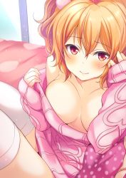 Rule 34 | 1girl, blush, breasts, closed mouth, clothes pull, fuubuu, girlfriend (kari), hair between eyes, hair ornament, heart, heart print, highres, large breasts, long hair, looking at viewer, naked sweater, no bra, one side up, pink sweater, pom pom (clothes), pom pom hair ornament, red eyes, sitting, sleeves past wrists, solo, sweater, sweater pull, thighhighs, tomura michiru, white thighhighs