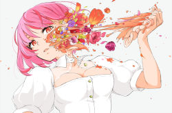 Rule 34 | 1girl, arakawa (aintnoroom), breasts, cleavage, collared dress, commentary request, dress, flower, hair between eyes, holding, injury, looking at viewer, medium breasts, multicolored hair, open mouth, original, parted lips, pink flower, pink hair, pink rose, puffy short sleeves, puffy sleeves, red eyes, red flower, rose, self-harm, self harm, short hair, short sleeves, sidelocks, simple background, solo, streaked hair, tulip, white background, white dress, yellow flower