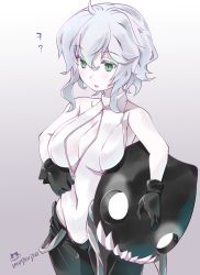 Rule 34 | 10s, 1girl, abyssal ship, artist name, bare shoulders, black gloves, blush, bodysuit, breasts, cleavage, colored skin, covered navel, female focus, front zipper swimsuit, full-length zipper, gloves, glowing, glowing eyes, gradient background, green eyes, hat, unworn hat, headgear, unworn headgear, unworn headwear, highres, imu sanjo, jpeg artifacts, kantai collection, large breasts, long hair, meme attire, no headwear, one-piece swimsuit, open mouth, pale skin, sidelocks, sleeveless, solo, swimsuit, unzipping, white hair, white one-piece swimsuit, white skin, wo-class aircraft carrier, zipper