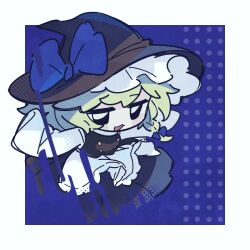 Rule 34 | 1girl, apron, black eyes, black hat, black skirt, black vest, blonde hair, blue background, blue bow, bow, commentary request, cookie (touhou), frilled hat, frills, full body, hair bow, hat, hat bow, highres, kirisame marisa, long sleeves, looking at viewer, misosiru 0224, open mouth, shirt, short hair, skirt, skirt set, sleeves past fingers, sleeves past wrists, smile, solo, touhou, vest, waist apron, white apron, white shirt, witch hat, yuuhi (cookie)