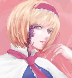 Rule 34 | 1girl, alice margatroid, blonde hair, blue dress, bob cut, bois de justice, capelet, commentary request, cookie (touhou), dies irae, dress, frilled hairband, frills, hairband, highres, hinase (cookie), looking at viewer, nail polish, open mouth, pink background, pink eyes, pink neckwear, portrait, red hairband, shinza bansho series, short hair, solo, tongue, tongue out, touhou, white capelet, white nails, yma