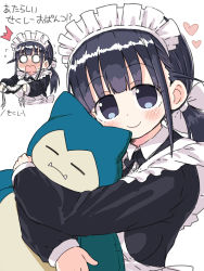 Rule 34 | 1girl, = =, apron, black eyes, black hair, blush, commentary, creatures (company), hugging doll, fangs, game freak, gen 1 pokemon, highres, holding, holding clothes, holding panties, holding underwear, maid, maid apron, maid headdress, naitou kouse, nintendo, hugging object, original, panties, pokemon, pokemon (creature), smile, snorlax, string panties, stuffed toy, translated, twintails, underwear, white background