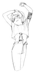 Rule 34 | 1girl, arm tattoo, arms up, body writing, cropped legs, cropped shirt, denim, eyepatch, frown, glaring, gloves, greyscale, hair intakes, head tilt, jeans, looking at viewer, midriff, monochrome, one eye covered, open fly, original, pants, rkgk ojisan, short sleeves, short twintails, simple background, solo, stretching, tattoo, translation request, twintails, v-shaped eyebrows