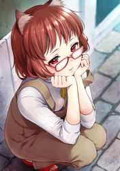 Rule 34 | 1girl, animal ears, blush, cat ears, closed mouth, expressionless, from above, glasses, hands on own cheeks, hands on own face, long sleeves, looking at viewer, looking up, nail polish, off shoulder, original, overalls, red-framed eyewear, red eyes, red footwear, red hair, red nails, sandals, shirt, shoes, short hair, sleeves past elbows, solo, strap slip, striped clothes, striped shirt, toenail polish, toenails, umakuchi shouyu (into-rain), vertical-striped clothes, vertical-striped shirt, white shirt