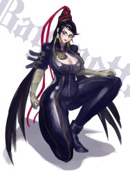 Rule 34 | 1girl, bad id, bad pixiv id, bayonetta, bayonetta (series), beehive hairdo, black hair, blue eyes, bodysuit, breasts, cleavage, cleavage cutout, clothing cutout, elbow gloves, female focus, glasses, gloves, hair bun, hair ribbon, highres, kneeling, large breasts, lips, lipstick, long hair, makeup, mole, mole under mouth, on one knee, red ribbon, ribbon, single hair bun, solo, thick thighs, thighs, updo, very long hair, zero hime