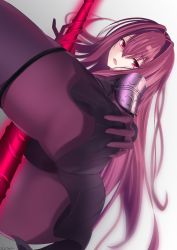 Rule 34 | 1girl, armor, ass, bodysuit, close-up, fate/grand order, fate (series), from behind, gae bolg (fate), highres, kesoshirou, long hair, looking at viewer, looking back, open mouth, pauldrons, polearm, purple bodysuit, purple hair, red eyes, scathach (fate), scathach (fate), shoulder armor, solo, spear, weapon