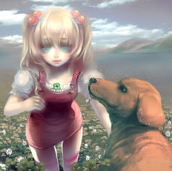 Rule 34 | 1girl, blonde hair, blue eyes, clover, clover (flower), dog, flower, four-leaf clover, hair bobbles, hair ornament, light smile, lips, long hair, md5 mismatch, nicole pmonachi, original, overalls, resolution mismatch, solo, source smaller, striped clothes, striped thighhighs, thighhighs, twintails