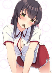 Rule 34 | 1girl, all fours, black hair, blush, breasts, bubble background, button gap, candy, chocolate, chocolate heart, chocolate on body, chocolate on breasts, cleavage, commentary request, food, food in mouth, food on body, green eyes, hair ornament, heart, highres, large breasts, looking at viewer, minoseki gakuin uniform, motsutoko, red skirt, skirt, solo, toji no miko, white background, yanase mai