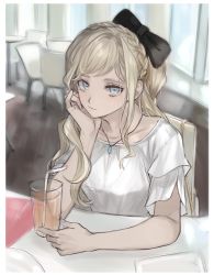 Rule 34 | 1girl, alternate costume, black bow, blonde hair, blue eyes, border, bow, braid, breasts, chair, collarbone, danganronpa (series), danganronpa 2: goodbye despair, drinking straw, hair bow, head rest, highres, indoors, jewelry, large breasts, long hair, muuyiie, necklace, shirt, sitting, smile, solo, sonia nevermind, table, white border, white shirt, window