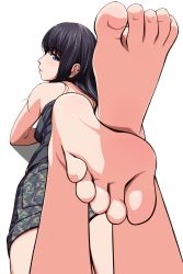 Rule 34 | 1girl, bare legs, bare shoulders, barefoot, black hair, blue eyes, blush, camouflage, camouflage shorts, closed mouth, expressionless, eyebrows, feet, feet up, foot focus, foreshortening, from behind, highres, legs up, long hair, looking at viewer, looking back, lying, matsunaga kouyou, on stomach, original, profile, shorts, simple background, soles, solo, strapless, the pose, toes, tube top, white background