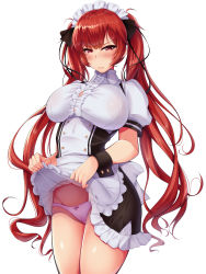 Rule 34 | 1girl, absurdres, alternate costume, apron, azur lane, back bow, blush, bow, breasts, brown dress, center frills, clothes lift, dress, dress lift, enmaided, framed breasts, frills, highres, honolulu (azur lane), large breasts, long hair, maid, maid headdress, nksk, puffy short sleeves, puffy sleeves, red eyes, red hair, short sleeves, simple background, solo, standing, taut clothes, taut dress, twintails, two-tone dress, very long hair, white apron, white background, white bow, white dress, wrist cuffs