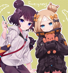 Rule 34 | 2girls, abigail williams (fate), abigail williams (traveling outfit) (fate), black bow, black jacket, blonde hair, blue eyes, blush, bow, brown hair, closed mouth, commentary request, crossed bandaids, english text, fate/grand order, fate (series), fingernails, green background, hair bow, hair bun, hair ornament, hand up, head tilt, heart, heroic spirit traveling outfit, holding, holding paintbrush, holding pencil, hood, hood down, hooded jacket, jacket, katsushika hokusai (fate), katsushika hokusai (traveling outfit) (fate), long hair, long sleeves, multiple girls, hugging object, official alternate costume, orange bow, outline, paintbrush, pants, parted bangs, pencil, polka dot, polka dot background, polka dot bow, purple eyes, purple pants, single hair bun, sleeves past fingers, sleeves past wrists, smile, stuffed animal, stuffed toy, teddy bear, tentacles, tokitarou (fate), toranosuke, v-shaped eyebrows, white jacket, white outline
