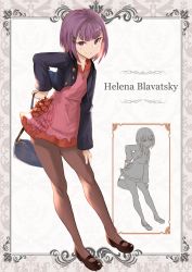 Rule 34 | 1girl, brown footwear, brown pantyhose, dress, dutch angle, fate/grand order, fate (series), full body, hair ornament, hairclip, hand on lap, helena blavatsky (fate), holding, leaning forward, looking at viewer, mary janes, pantyhose, pink dress, purple eyes, purple hair, shoes, short dress, short hair, smile, solo, standing, yatsuka (846)