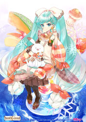 Rule 34 | 1girl, animal, animal on lap, apple rabbit, apron, aqua hair, boots, bow, braid, brown bow, brown footwear, brown kimono, brown skirt, brown sleeves, butter, buttons, cantaloupe, carrot slice, character food, character name, checkered clothes, checkered kimono, checkered sleeves, chef hat, closed mouth, cloud, commentary, company name, copyright notice, cross-laced footwear, double-breasted, earrings, finger in ear, food, food-themed background, food art, fork hair ornament, fruit, full body, gradient hair, hair bow, hat, hatsune miku, holding, holding menu, holding spoon, ice cream, jacket, japanese clothes, jewelry, kappougi, kei (keigarou), kimono, lace-up boots, long hair, long skirt, looking at viewer, low twin braids, melon, melon slice, menu, multicolored hair, neckerchief, official art, on lap, orange sleeves, oversized food, oversized object, parfait, pink neckerchief, pleated skirt, rabbit, rabbit yukine, second-party source, sitting, sitting on lap, sitting on person, skirt, smile, snowflake print, snowflakes, solo, spoon, spoon hair ornament, star-shaped food, star (sky), star (symbol), star earrings, strawberry, striped sleeves, twin braids, twintails, very long hair, vocaloid, white apron, white bow, white jacket, wide sleeves, yuki miku, yuki miku (2024)